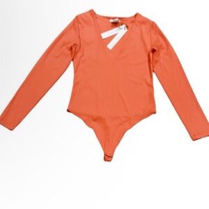 HOUSE OF HARLOW 1960 Vibrant Coral Ribbed Sexy Stretch Thong Bodysuit NWT Medium